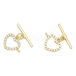 Brass Micro Pave Clear Cubic Zirconia Toggle Clasps, Nickel Free, Heart, Real 14K Gold Plated, 18.5mm, Bar: 4.5x19.5x2mm, Hole: 1.4mm, Heart: 13x15x2mm, Hole: 1.4mm(KK-N259-03)