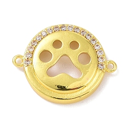 Real 18K Gold Plated Brass Micro Pave Cubic Zirconia Connector Charms, Flat Round with Hollow Paw Print Links, Clear, 15x19x3mm, Hole: 1.1mm(KK-L209-048G-01)
