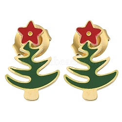 Ion Plating(IP) 304 Stainless Steel Enamel Stud Earrings, Real 14K Gold Plated, For Christmas, Christmas Tree, 14x9.5mm(EJEW-I316-03G-06)