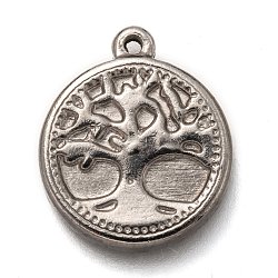 304 Stainless Steel Pendants, Flat Round with Tree of Life, Stainless Steel Color, 19.5x16x3mm, Hole: 1.2mm(STAS-H123-10A-P)