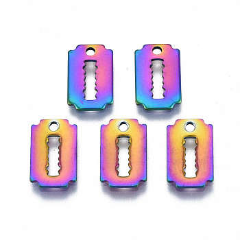 Ion Plating(IP) 201 Stainless Steel Charms, Cadmium Free & Nickel Free & Lead Free, Rectangle, Rainbow Color, 12x7.5x1mm, Hole: 1.4mm