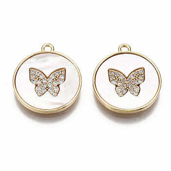 Brass Micro Pave Clear Cubic Zirconia Pendants, with Natural Shell and Loops, Nickel Free, Flat Round with Butterfly, Real 18K Gold Plated, 18.5x16x2mm, Hole: 1.5mm