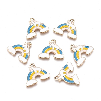 Alloy Enamel Pendants, Rainbow with Unicorn, Light Gold Plated, Colorful, 16.5x19.7x1.4mm, Hole: 1.8mm