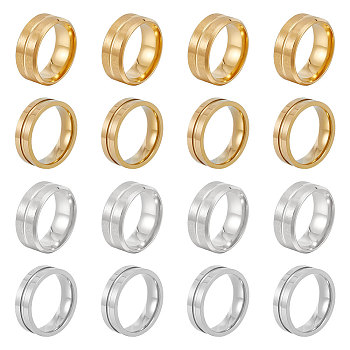 16Pcs 4 Styles 201 Stainless Steel Grooved Line Finger Ring for Women, Golden & Stainless Steel Color, US Size 6 1/2(16.9mm), 4Pcs/style