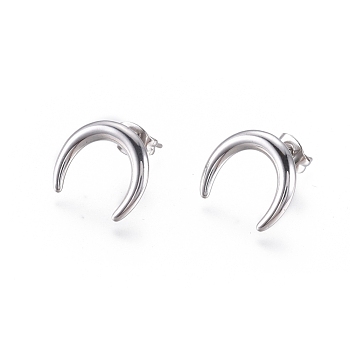 304 Stainless Steel Stud Earrings, with Ear Nuts, Crescent Moon/Double Horn, Stainless Steel Color, 14.5x12.5x1.5mm, Pin: 0.6mm, 6pairs/card