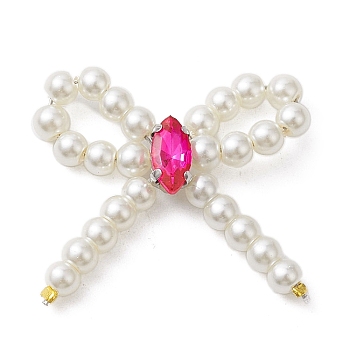 Plastic Pearl Beads Pendants, with Rack Plating Brass Loops Micro Pave Cubic Zirconia, Long-Lasting Plated, Lead Free & Cadmium Free, Bowknot, Fuchsia, 27~29x24~27.5x3.5mm, Hole: 6.8mm