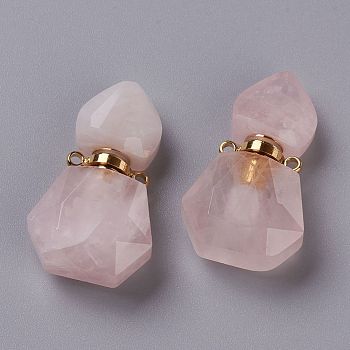 Hexagon Natural Rose Quartz Perfume Bottle Pendants, with 304 Stainless Steel Findings, Faceted, Golden, 27~27.5x16~17x8mm, Hole: 1.4mm, Capacity: 0.1ml(0.00fl. oz)
