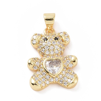 Brass Micro Pave Cubic Zirconia Pendants, with Glass, Bear with Heart Charm, Golden, Clear, 20.5x15x5mm, Hole: 5.5x3.5mm