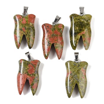 Natural Unakite Pendants, Tooth Charms with Stainless Steel Color Stainless Steel Findings, 39.5~40x19~19.5x8~8.5mm, Hole: 3.5x6.5mm