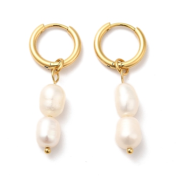 Double Natural Pearl Dangle Hoop Earrings, Golden 304 Stainless Steel Jewelry for Women, Golden, 38mm, Pin: 1mm
