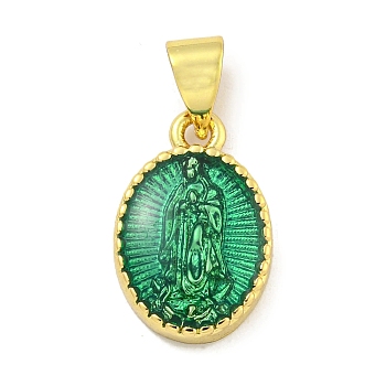 Rack Plating Brass Enamel Pendants, Long-Lasting Plated, Lead Free & Cadmium Free, Real 18K Gold Plated, Oval with Saint Charm, Lawn Green, 15x10x3mm, Hole: 5x3.5mm