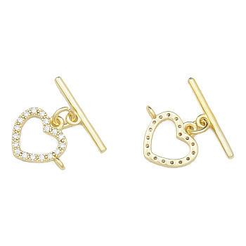 Brass Micro Pave Clear Cubic Zirconia Toggle Clasps, Nickel Free, Heart, Real 14K Gold Plated, 18.5mm, Bar: 4.5x19.5x2mm, Hole: 1.4mm, Heart: 13x15x2mm, Hole: 1.4mm
