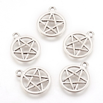 Tibetan Style Alloy Flat Round with Star Charms, Wicca Charms, Pentacle, Lead Free, Antique Silver, 20.5x16.9x1.7mm, Hole: 2.2mm