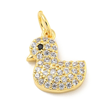 Rack Plating Brass Micro Pave Clear Cubic Zirconia Pendants, Long-Lasting Plated, with Jump Rings, Lead Free & Cadmium Free, Real 18K Gold Plated, Duck, 12x10x2.5mm, Hole: 3mm