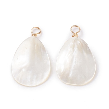 Natural Trochid Shell/Trochus Shell Pendants, with Real 18K Gold Plated Copper Wire, Teardrop, Creamy White, 31.5x18x4mm, Hole: 3.7mm