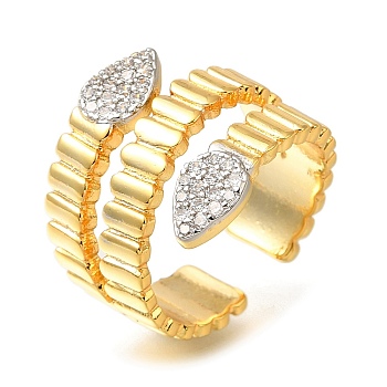 Rack Plating Brass Micro Pave Cubic Zirconia Open Cuff Rings for Women, Cadmium Free & Lead Free, Long-Lasting Plated, Teardrop, Real 18K Gold Plated, 17mm