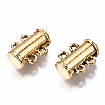 2-Strands Brass Magnetic Slide Lock Clasps, 4-Hole, Tube, Golden, 15x10.5x6.5mm, Hole: 1.5mm