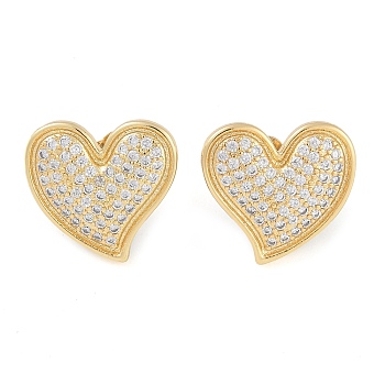 Brass Pave Clear Cubic Zirconia Stud Earrings for Women, Heart, Real 18K Gold Plated, 17.5x18.5mm