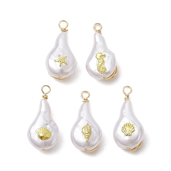 ABS Plastic Imitation Pearl Pendants, with Alloy Cabochons and Eco-Friendly Copper Wire, Mixed Shapes, 22~22.5x10.5~11x6.5~7mm, Hole: 2mm, about 5Pcs/Set