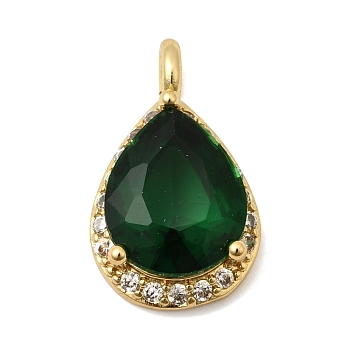 Brass Micro Pave Cubic Zirconia Pendants, with Glass Rhinestone, Teardrop Charms, Cadmium Free & Lead Free, Rack Plating, Long-Lasting Plated, Real 18K Gold Plated, Green, 19.5x12x6mm, Hole: 2.5mm