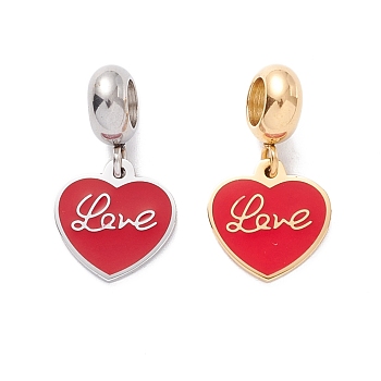 304 Stainless Steel European Dangle Charms, Large Hole Pendants, with Enamel, Golden & Stainless Steel Color, Heart & Word Love, Red, 21mm, Hole: 4.5mm