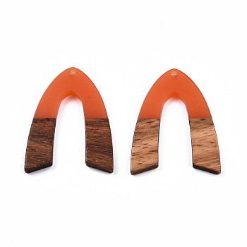 Transparent Resin & Walnut Wood Pendants, V-Shaped Charm, Coral, 38x29x3mm, Hole: 2mm