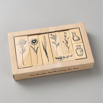 8Pcs Floral Theme Wood Rubber Stamps, for DIY Scrapbooking, BurlyWood, 15~65x20~40x24mm