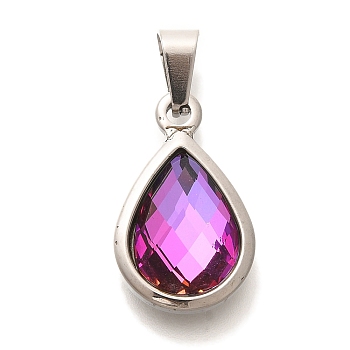 Glass Pendants, with Stainless Steel Color 304 Stainless Steel Findings & 201 Stainless Steel Ice Pick Pinch Bails, Teardrop, Purple, 21.5x13x5.5mm, Hole: 3.5x6mm