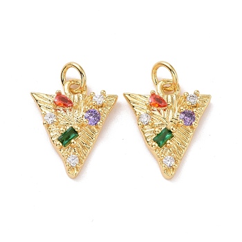 Triangle Brass Micro Pave Colorful Cubic Zirconia Pendants, with Jump Rings, Cadmium Free & Lead Free, Real 18K Gold Plated, 16x13.5x3.5mm, Hole: 3.4mm