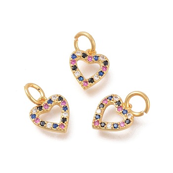 Brass Micro Pave Cubic Zirconia Charms, Heart, Colorful, Golden, 11x10x2mm, Hole: 4mm