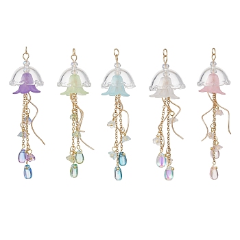 Acrylic Pendants, Jellyfish Charms, with Glass and 304 Stainless Steel, Golden, 78x22mm, Hole: 3mm