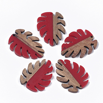 Resin & Walnut Wood Pendants, Tropical Leaf Charms, Monstera Leaf, Red, 37.5x30x3~3.5mm, Hole: 2mm