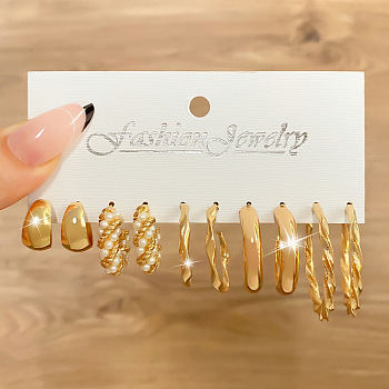 5 Pairs Alloy Hoop Earring Sets, with Imitation Pearl, Golden, 20mm