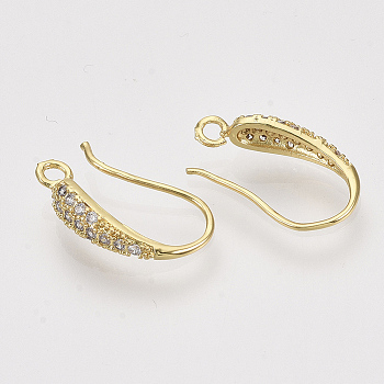 Brass Micro Pave Cubic Zirconia Earring Hooks, with Horizontal Loop, Nickel Free, Clear, Real 18K Gold Plated, 19~20x10~11x4mm, Hole: 2mm, Pin: 0.7mm