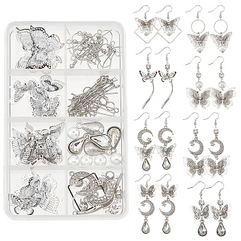 DIY Butterfly Drop Earring Making Kits, Including Brass Pendants & Links & Jump Rings & Earring Hooks & Pin, 304 Stainless Steel & Alloy Pendant, Glass Pearl Beads, Platinum, 114pcs/box