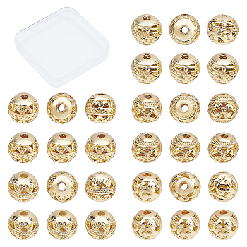 CREATCABIN 30Pcs 5 Style Alloy Hollow Beads, Round, Cadmium Free & Lead Free, Real 18K Gold Plated, 30pcs/box