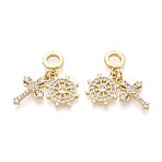 Brass Micro Pave Clear Cubic Zirconia European Dangle Charms, Helm Cross Large Hole Pendants, Real 16K Gold Plated, 30mm, Hole: 5mm(KK-T080-45G)