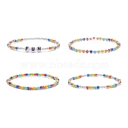 4Pcs 4 Style Word Fun Acrylic & Glass Seed Beaded Stretch Bracelets Set for Women, Mixed Color, Inner Diameter: 2-1/8 inch(5.25~5.5cm), 1Pc/style(BJEW-JB08619)
