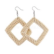 Handmade Reed Cane/Rattan Woven Dangle Earrings, with Brass Earring Hooks and Iron Finding, Rhombus, Platinum, 84~84.5mm, Pin: 0.6mm(EJEW-JE02982-03)