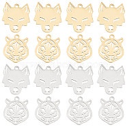 DICOSMETIC 16PPcs 4 Style 201 Stainless Steel Pendants, Laser Cut, Wolf Head &, Golden & Stainless Steel Color, 15~16x13~15x1mm, Hole: 1.4mm, 4pcs/style(STAS-DC0008-19)