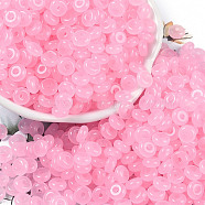 Transparent Colours Glass Seed Beads, Donut, Pink, 6.5x3mm, Hole: 1.8mm, about 1363pcs/pound(SEED-P008-01B-07)