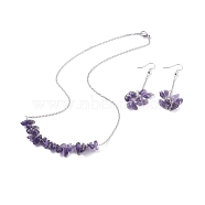 Natural Amethyst Chips Beaded Jewelry Set, Gemstone Pendant Necklace & Cluster Dangle Earrings with 304 Stainless Steel Cable Chains for Women, Stainless Steel Color, 60mm, Pin: 0.6mm,19.29 inch(49cm)(SJEW-JS01231-03)