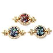 Rack Plating Brass Micro Pave Cubic Zirconia Flat Round Connector Charms, with Enamel & Shell, Real 18K Gold Plated, Long-Lasting Plated, Lead Free & Cadmium Free, Mixed Color, 15x28x4mm, Hole: 1.4mm(KK-K385-100G)