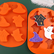 Halloween Theme Ghost/House/Witch Hat Cake Decoration Food Grade Silicone Molds, Fondant Molds, for Chocolate, Candy, UV Resin & Epoxy Resin Craft Making, Dark Orange, 258x177x27mm, Inner Diameter: 53~66x63~70mm(DIY-E067-02)
