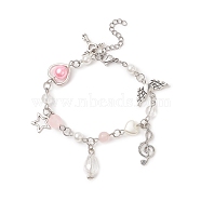 Star & Heart & Music Note Alloy Charm Bracelet, Acrylic & ABS Plastic Imitation Pearl Beaded Bracelet for Women, Pink, 7 inch(17.8cm)(BJEW-JB09308)