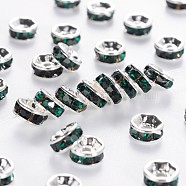 Brass Grade A Rhinestone Spacer Beads, Silver Color Plated, Nickel Free, Emerald, 7x3.2mm, Hole: 1.2mm(X-RSB037NF-12)