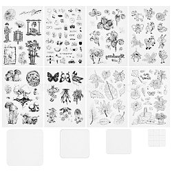 Globleland PVC Plastic Stamps, for DIY Scrapbooking, Photo Album Decorative, Cards Making, Stamp Sheets, with Acrylic Stamping Blocks Tools & Chassis, Mixed Patterns, 16x11x0.3cm, 8styles, 1sheet/style, 8sheets/set(DIY-GL0001-36A)