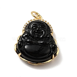 Natural Dyed Jade Pendants, with Rack Plating Real 18K Gold Plated Brass Findings and Jump Ring, Laughing Buddha, Cadmium Free & Nickel Free & Lead Free, Black, 24x19x7.5mm, Jump Ring: 5x0.7mm, Hole: 3.4mm(KK-C242-06G-01)