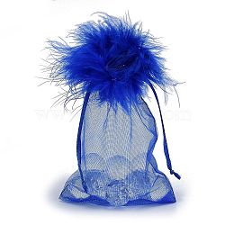 Organza Gift Bags, with Drawstring and Feather, Jewelry Pouches Bags, for Wedding Party Candy Mesh Bags, Rectangle, Blue, 15x10.5x0.08cm(OP-F001-C-05)