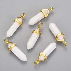 Natural White Jade Bullet Double Terminated Pointed Pendants, with Golden Tone Random Alloy Pendant Hexagon Bead Cap Bails, 37~40x12.5x10mm, Hole: 3x4.5mm(X-G-G902-B24)